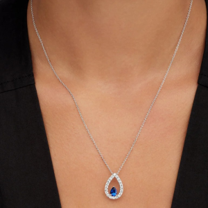 Pear Shape Sapphire Centre Stone Diamond Pear Pendant in 18K White Gold